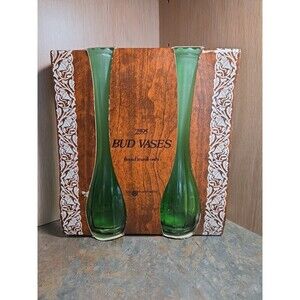 VTG New! Retro Jeanette Ribbed Amberina Bud Vase Green  Ombre Set 2